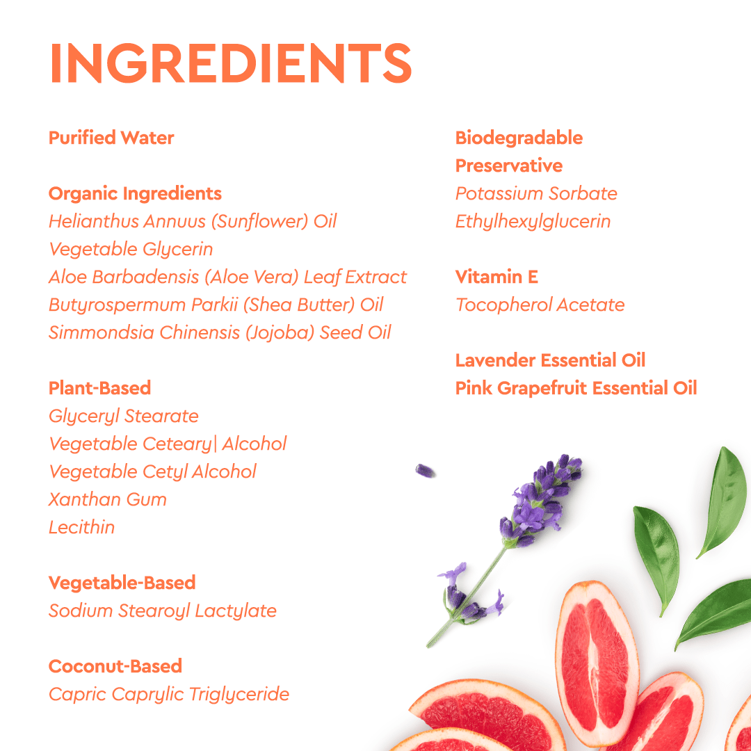 Explore our Organic Baby Lotion, crafted with a comprehensive ingredients list highlighting natural lavender and pink grapefruit essential oils. This organic lotion incorporates soothing aromatic hints of these gentle notes for a calming touch.