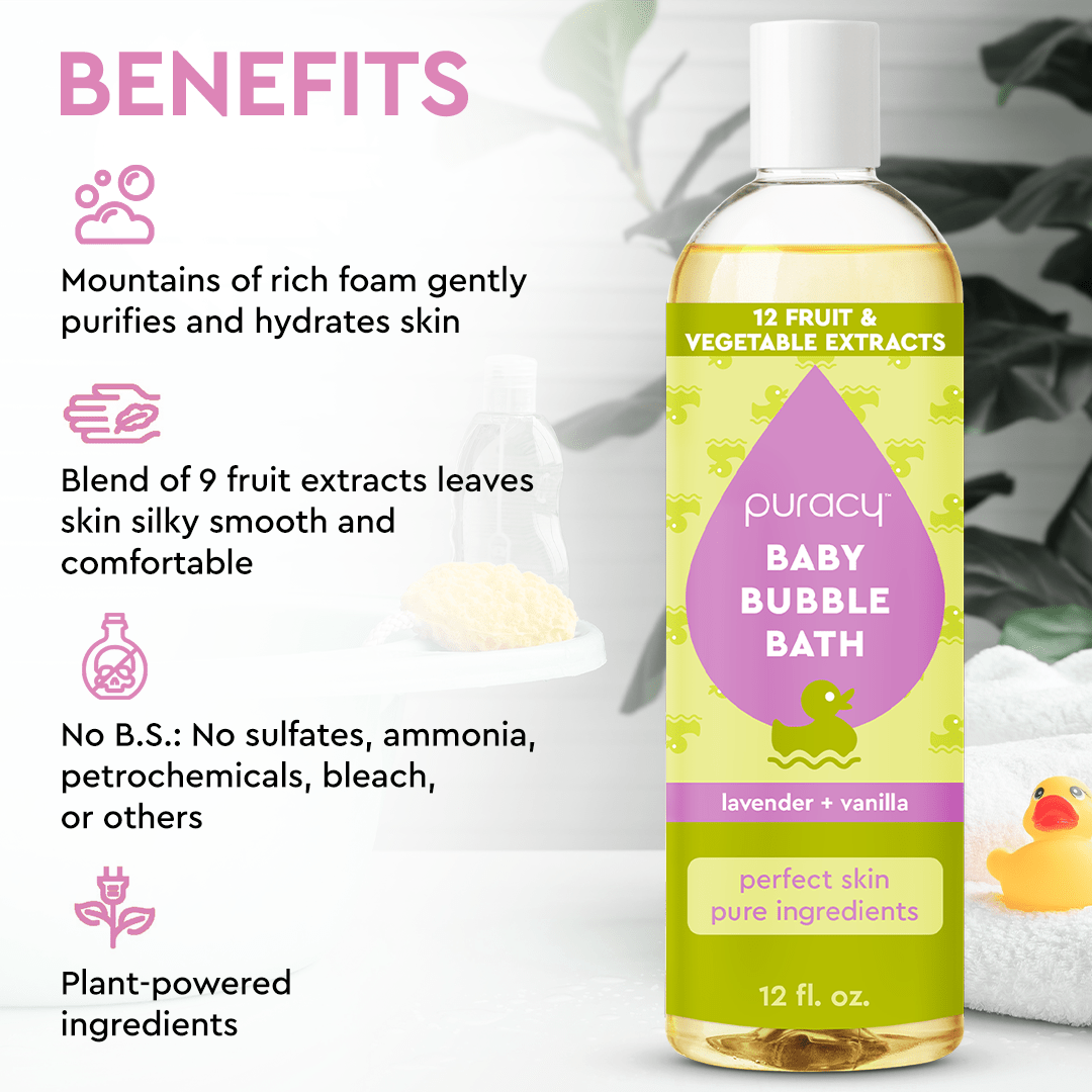 The Baby Bubble Bath (Hypoallergenic) bottle, made with vegan ingredients, features its advantages on a soft background. Perfect for sensitive skin, this gentle bubble soap offers a soothing and safe bathing experience for your little one.