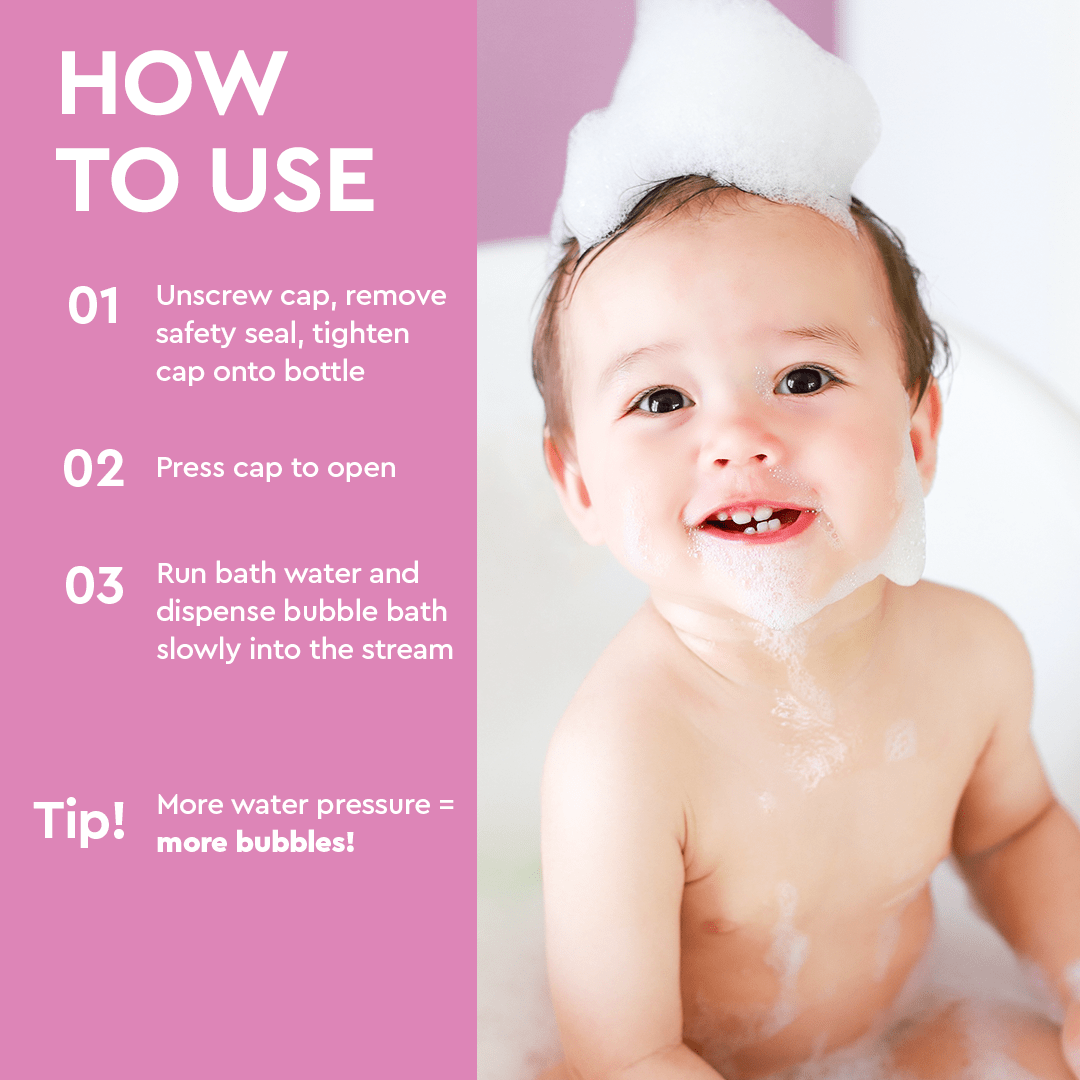 A joyful baby splashes in the bubble bath, surrounded by a gentle lather of Baby Bubble Bath (Hypoallergenic) vegan soap. On the left, instructions guide parents on maintaining smiles while caring for sensitive skin.