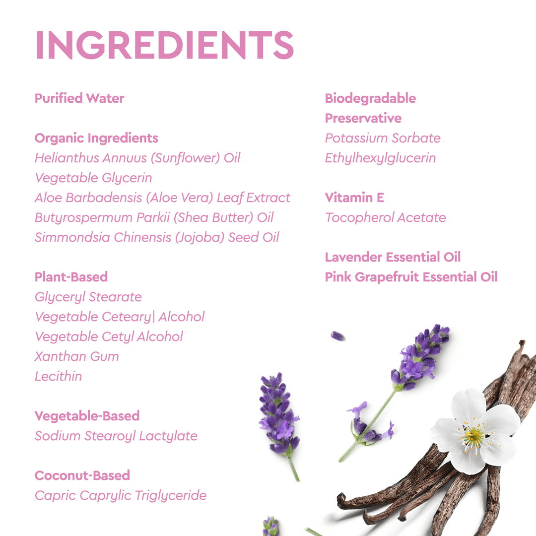 List of hypoallergenic vegan ingredients with flowers and vanilla pods at the bottom for Baby Bubble Bath.
