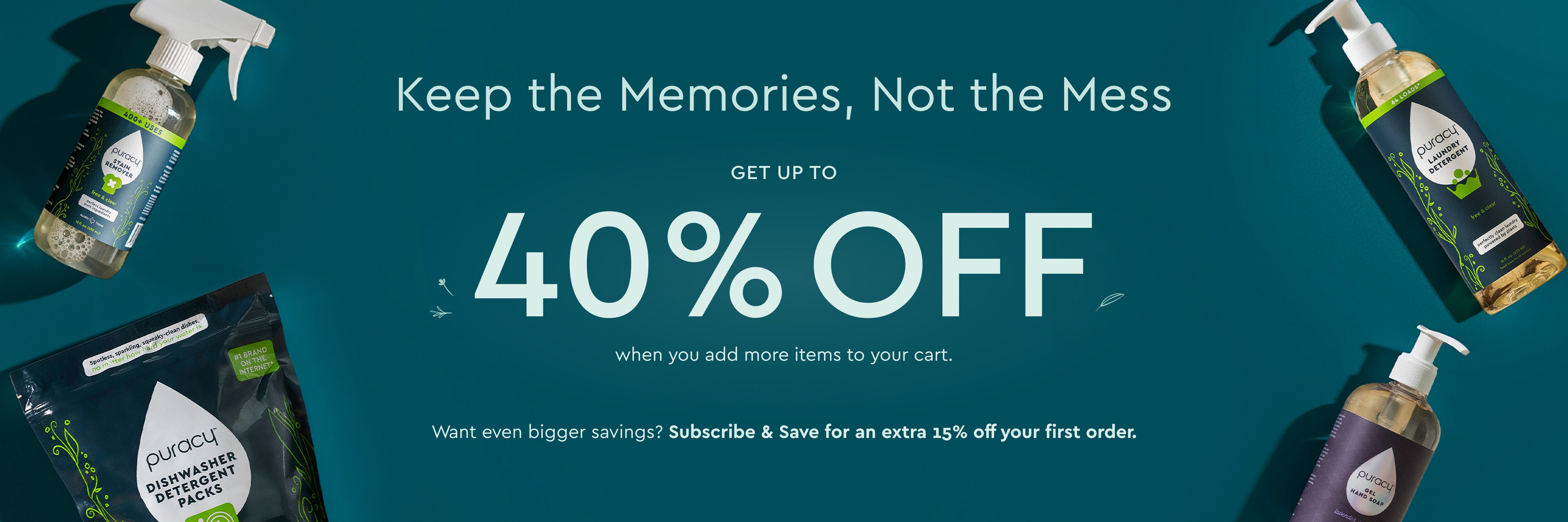 Puracy cleaning products with Black Friday discounts: 30% off singles, 20% off bundles, 10% off refills.