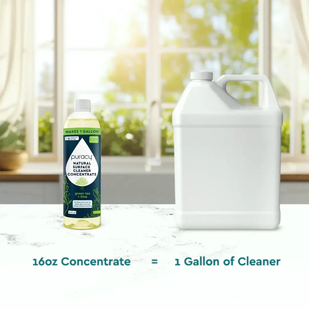 A 16oz bottle of Everyday Multi-Surface Cleaner concentrate is placed next to an eco-friendly 1-gallon jug on a kitchen counter, ideal for tackling various cleaning tasks.