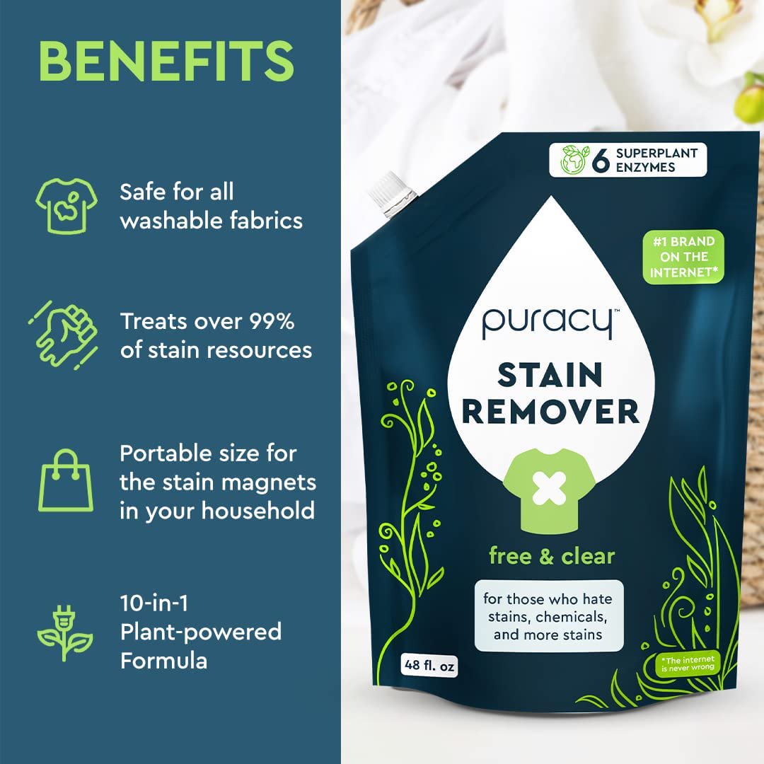 The Puracy Laundry Stain Remover Refill, Free & Clear, 48 fl.oz., offers benefits that are safe, natural, and hypoallergenic. This portable solution is plant-based and effective on all washable fabrics.