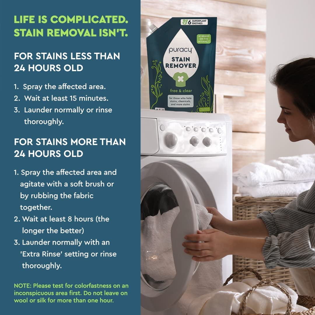 A woman uses Puracy Laundry Stain Remover Refill, Free & Clear, 48 fl. oz., a hypoallergenic and plant-based stain remover, on her laundry in the washing machine.