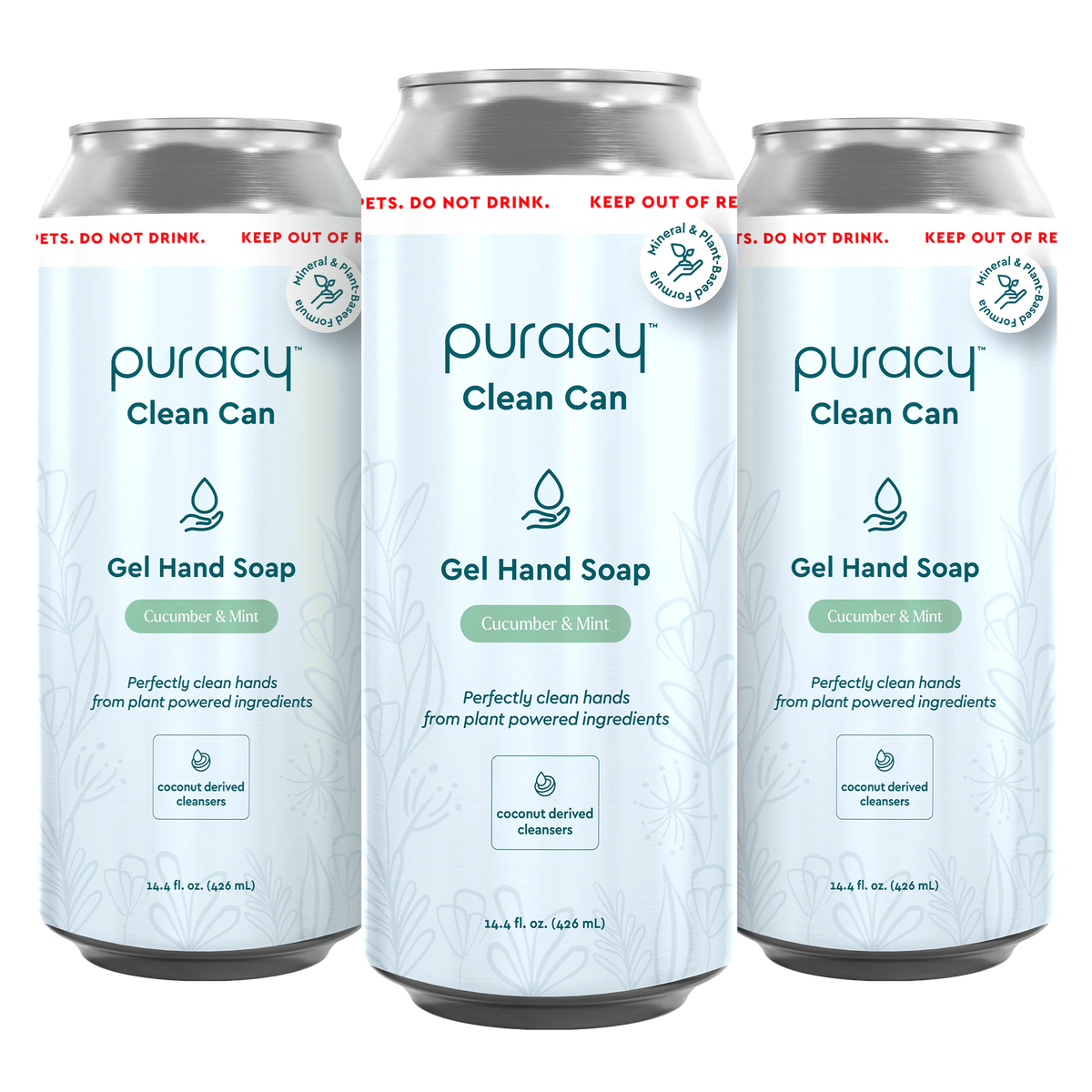 Three bottles of Gel Hand Soap from Puracy, featuring a refreshing cucumber and mint scent with plant-derived ingredients, are lined up. This moisturizing and hydrating gel cleanser is ideal for keeping hands soft and clean.