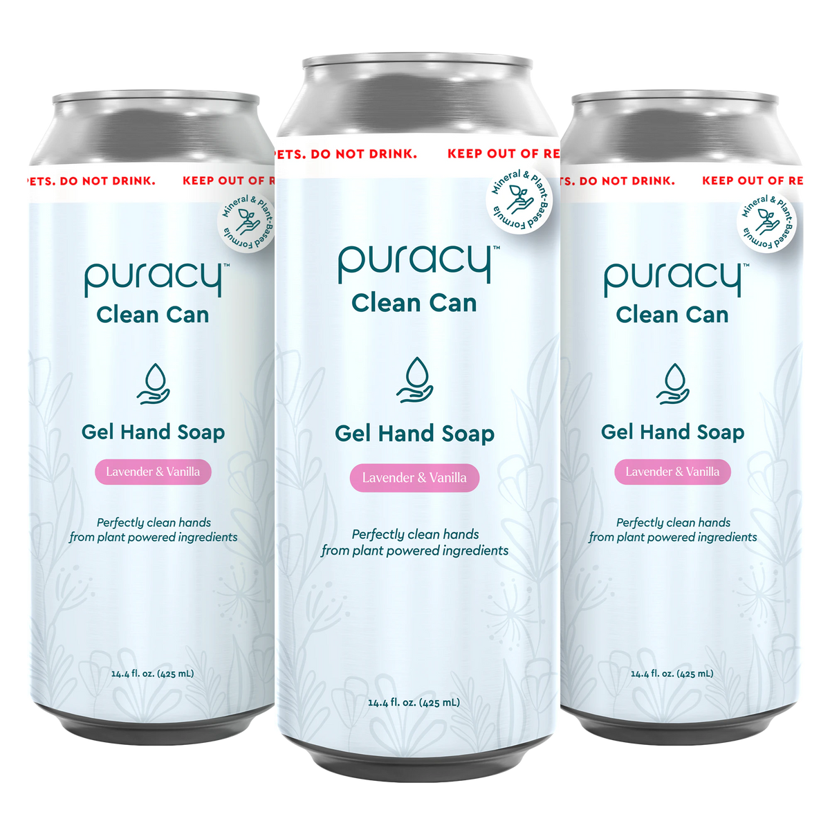 Three cans of Gel Hand Soap, with a clean, minimalist design and lavender & vanilla scent, provide moisturizing and hydrating benefits using plant-derived ingredients.