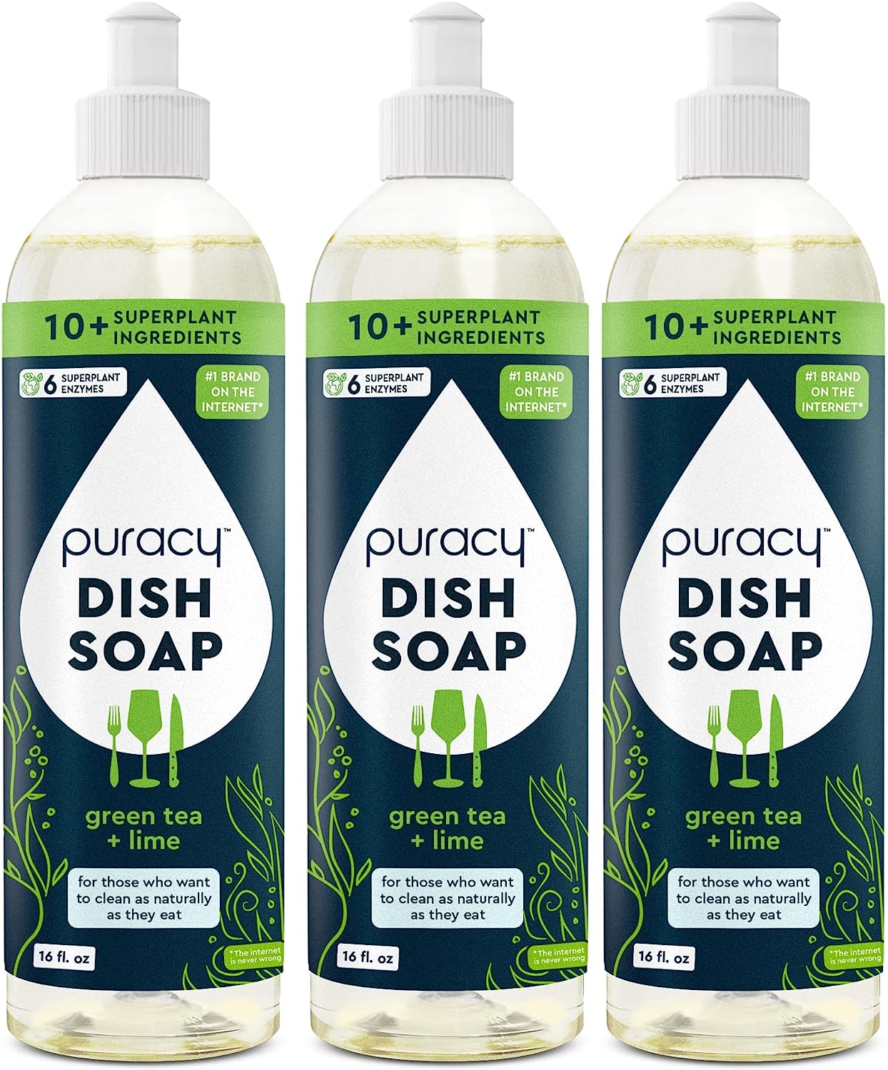Three eco-friendly Puracy Green Tea & Lime dish soap bottles with pump dispensers.