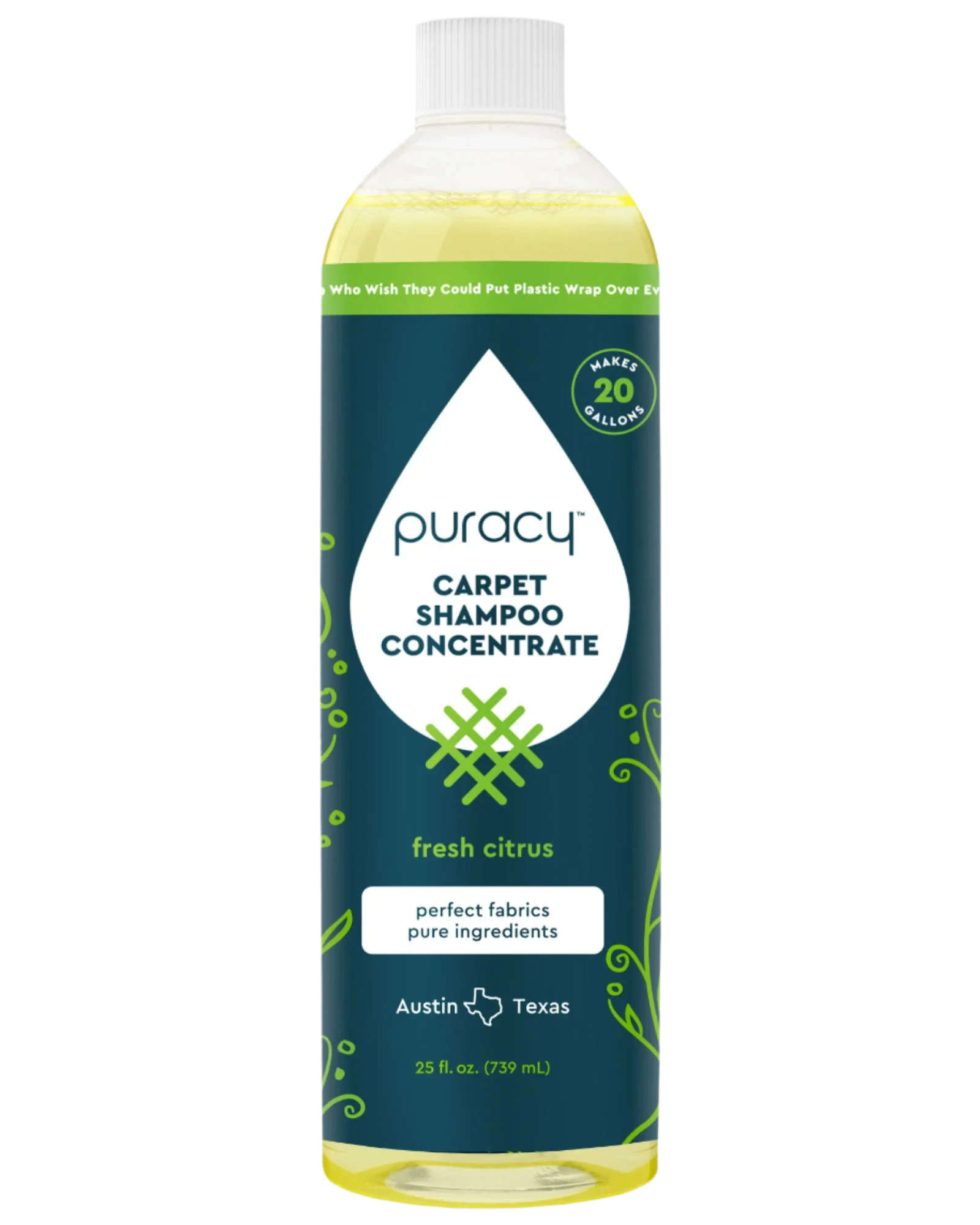 A bottle of Carpet & Upholstery Shampoo, 4x concentrated, fresh citrus scent.