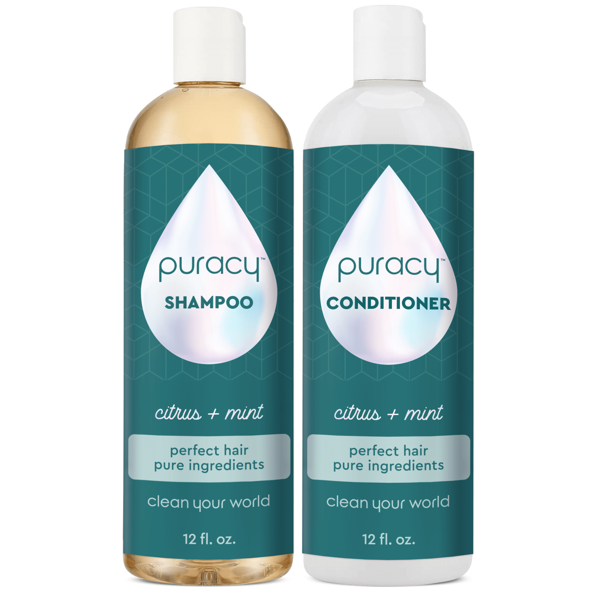 Two 12 fl. oz. Shampoo & Conditioner Set, vegan, plant-based, citrus + mint scent.