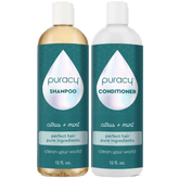 The Natural Shampoo & Conditioner Set by Puracy is designed for all hair types, featuring a refreshing citrus and mint scent. These 12 fl. oz. bottles are sulfate-free, providing a gentle yet thorough cleanse.