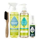 The Baby Laundry Essentials Bundle features a hypoallergenic detergent, effective stain removers, and a brush, all utilizing plant-based enzymes. It's ideal for baby laundry needs—tough on stains yet gentle on sensitive skin.