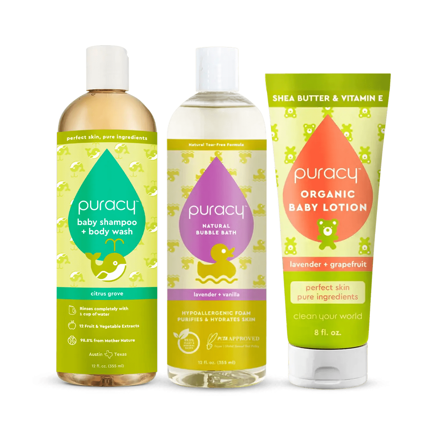 The Baby Starter Bundle includes three bottles of Puracy baby care products: a gentle tear-free shampoo & body wash, a soothing bubble bath, and organic baby lotion.