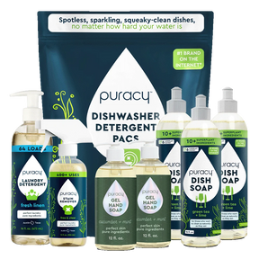 Bestsellers Bundle: Puracy cleaning products with natural cleaners and detergent packs in various sizes/scents.