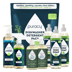 Puracys Bestsellers Bundle features natural soap, detergent, and dishwasher packs displayed together.