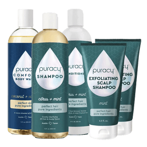 The Body Care Bundle offers a variety of essentials, such as natural shampoo, conditioner, and invigorating scalp scrub with blue labels, all enriched with botanical extracts.