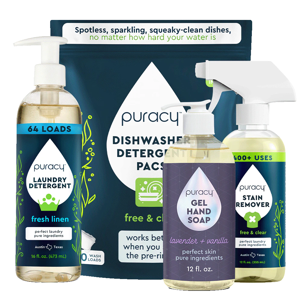 Puracy Starter Bundle: essentials like detergent, hand soap, stain remover, and dish packs.