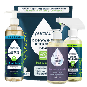 Puracy Starter Bundle: essentials like detergent, hand soap, stain remover, and dish packs.