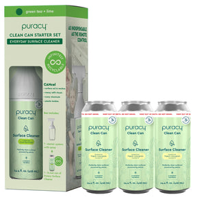 Box and 3 cans of Puracys Everyday Multi-Surface Cleaner in biodegradable green tea & lime scent.