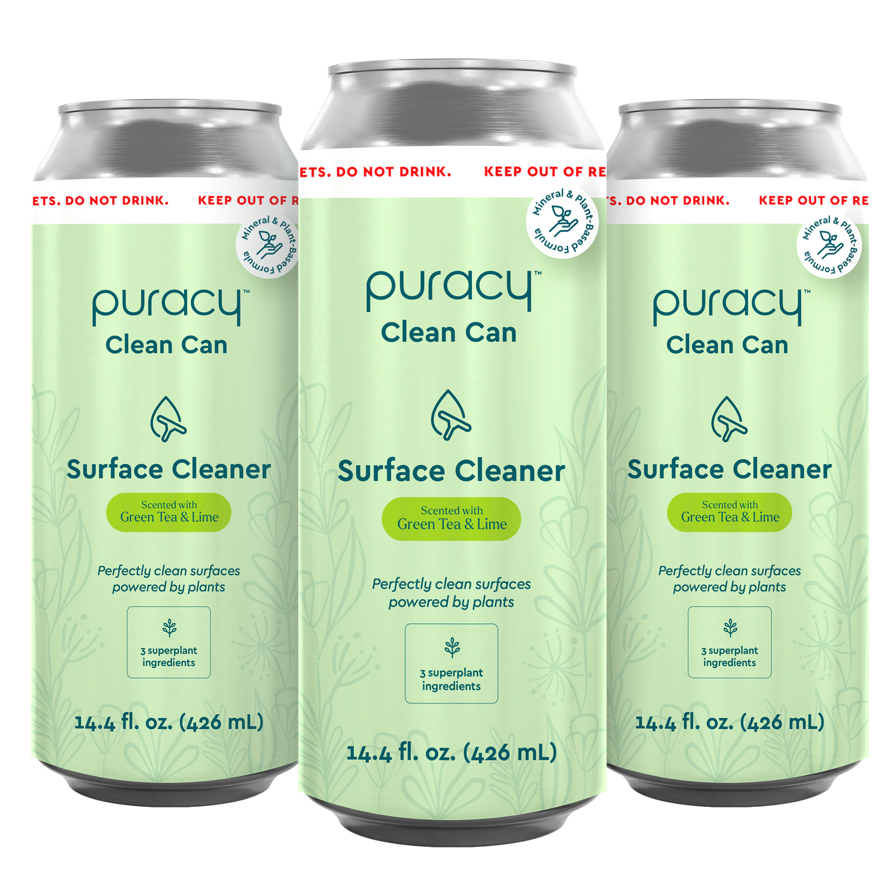 Three cans of Everyday Multi-Surface Cleaner, an eco-friendly formula with a refreshing green tea and lime scent.