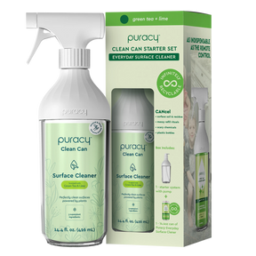 The Everyday Multi-Surface Cleaner Starter Set offers an eco-friendly cleaning solution with a refreshing green tea and lime scent, beautifully packaged for your convenience.