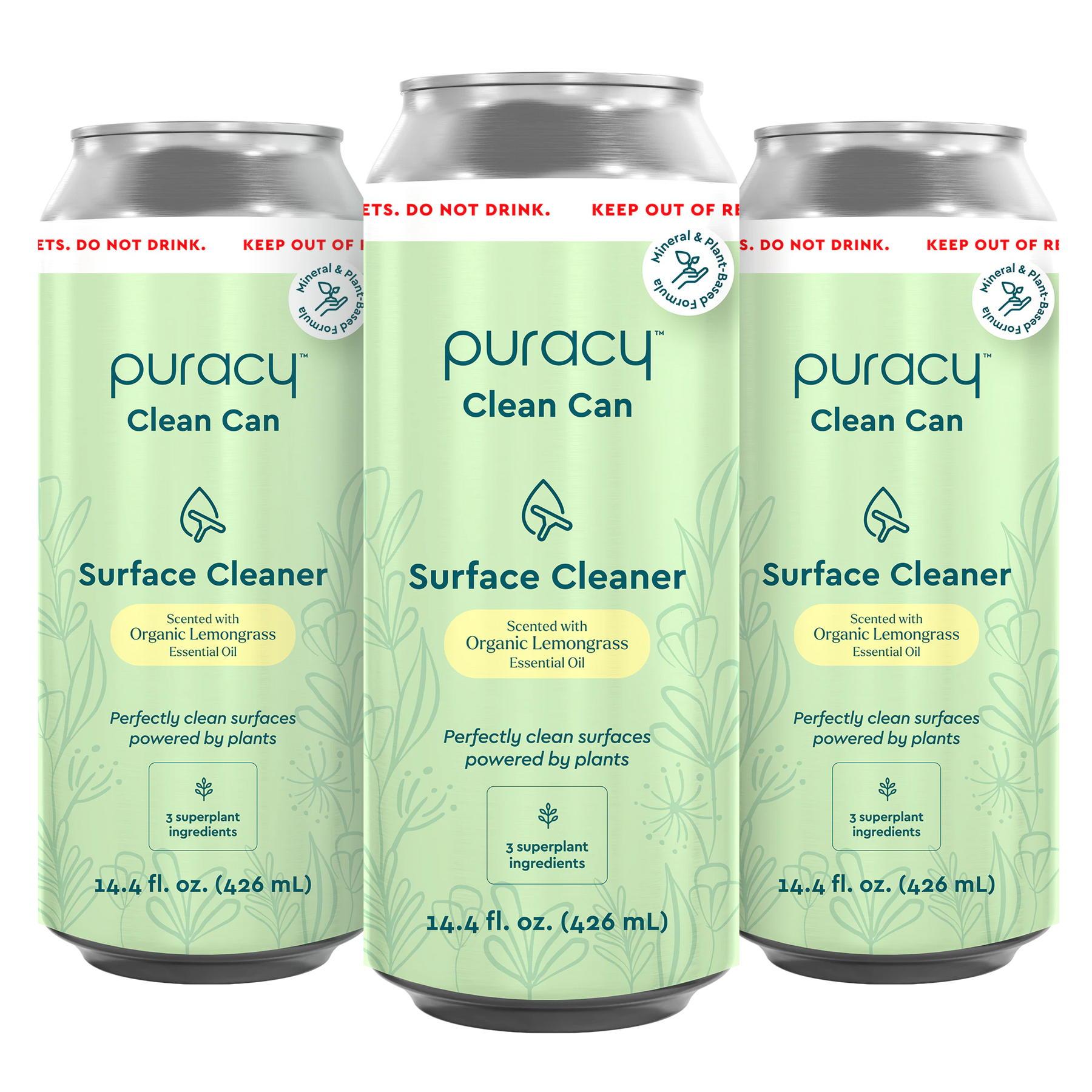 Three cans of Everyday Multi-Surface Cleaner by Puracy, available in an eco-friendly green design with a plant logo and lemongrass scent.