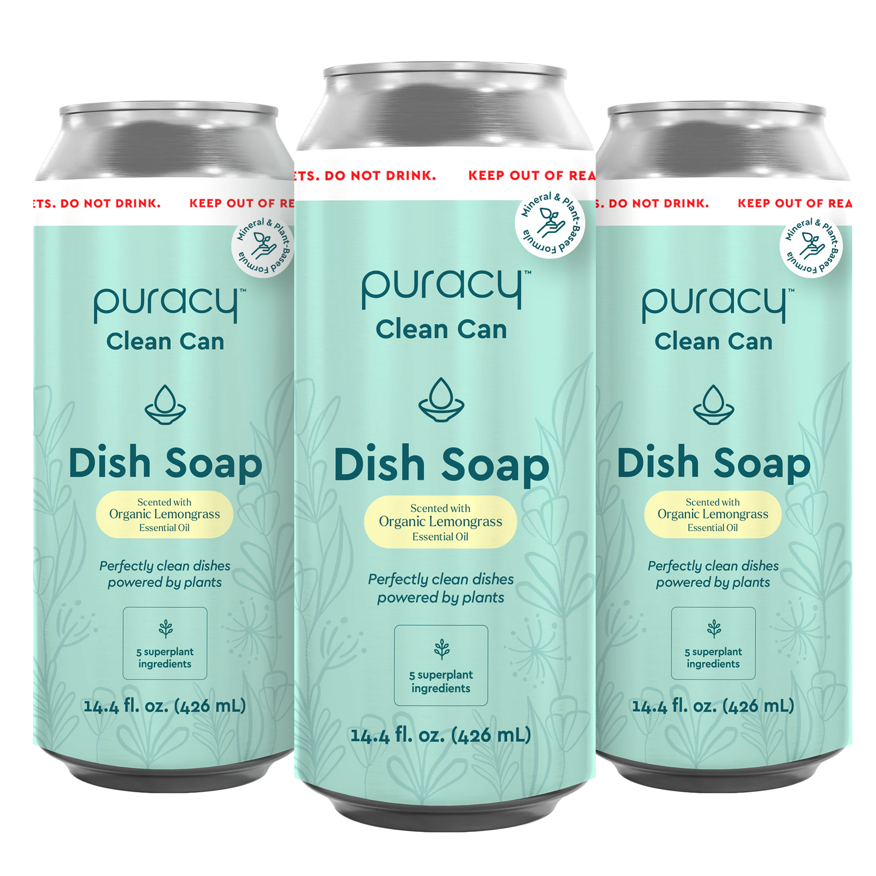 Cans of Puracy's Natural Dish Soap in green and silver feature a refreshing lemongrass scent, made with natural fragrance for an eco-friendly clean.