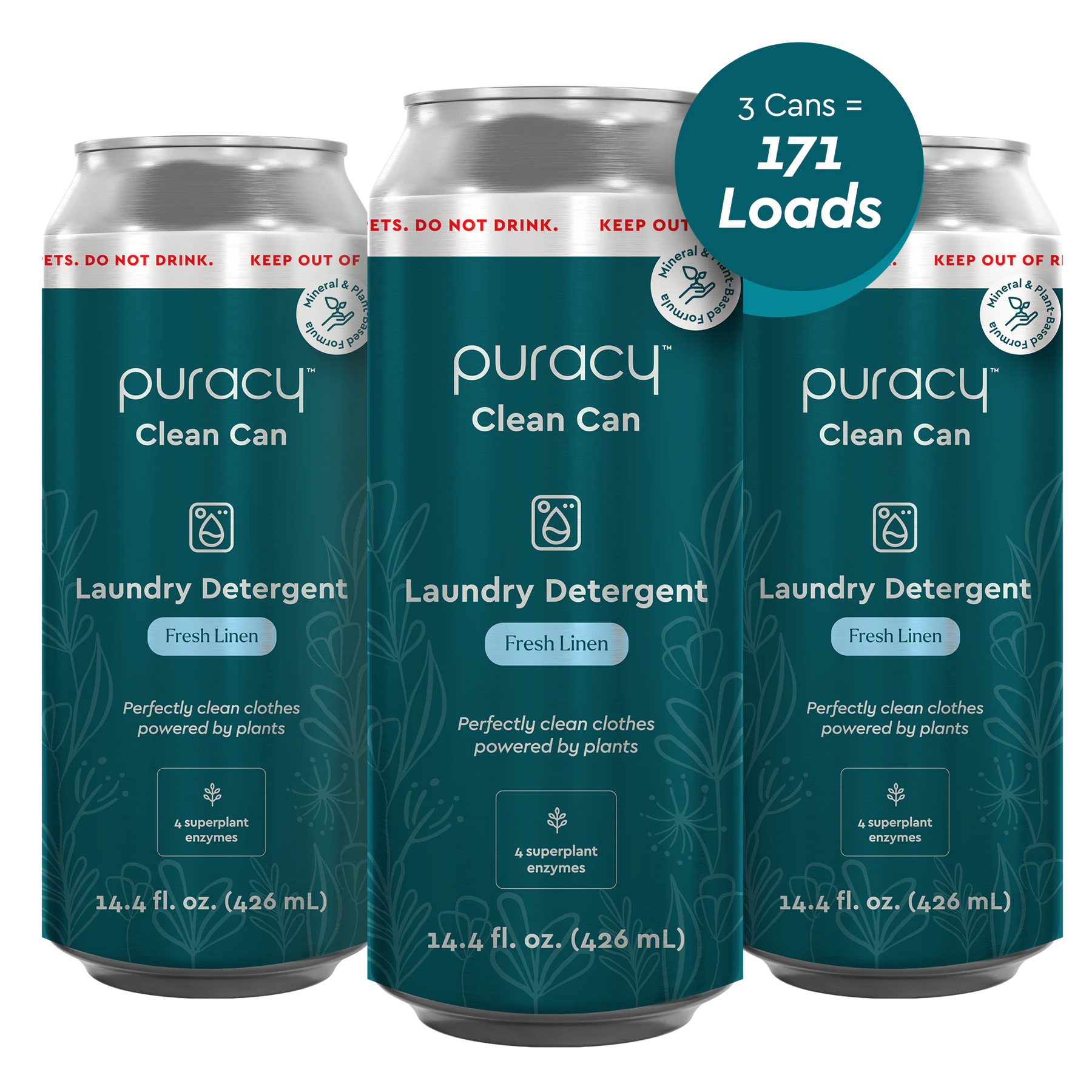 Three cans of Puracy Laundry Detergent (Concentrated, Sulfate-Free) in Fresh Linen fragrance, providing 171 hypoallergenic loads.