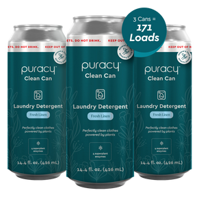 Three cans of Puracy Laundry Detergent (Concentrated, Sulfate-Free) in Fresh Linen fragrance, providing 171 hypoallergenic loads.