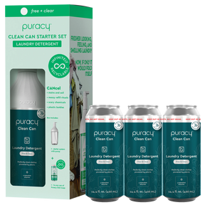 The Laundry Detergent (Concentrated, Sulfate-Free) set includes three canisters of hypoallergenic liquid detergent with eco-friendly, recyclable packaging.