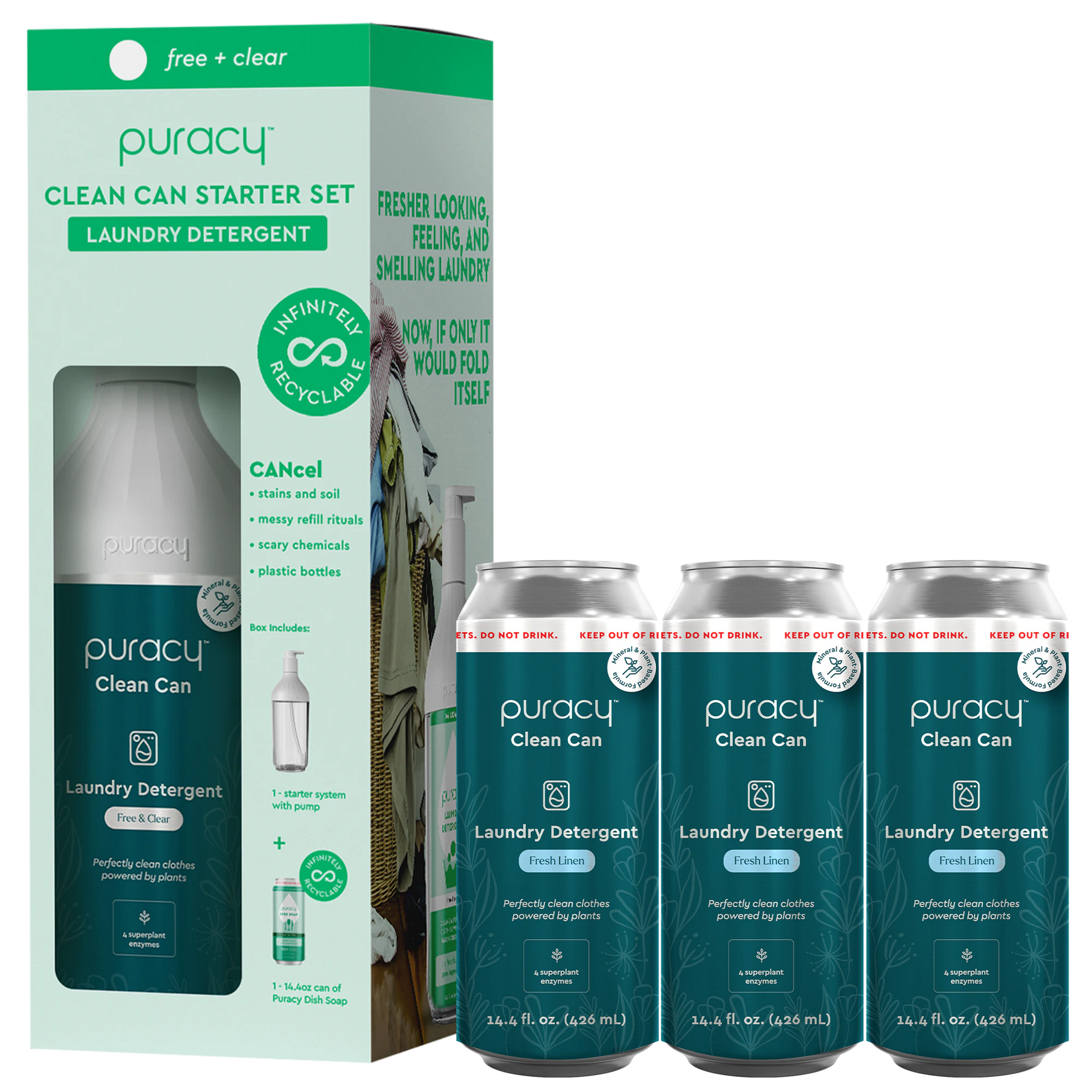 The Laundry Detergent (Concentrated, Sulfate-Free) Starter Set, including hypoallergenic liquid laundry detergent bottles, is elegantly showcased next to an eco-friendly box.