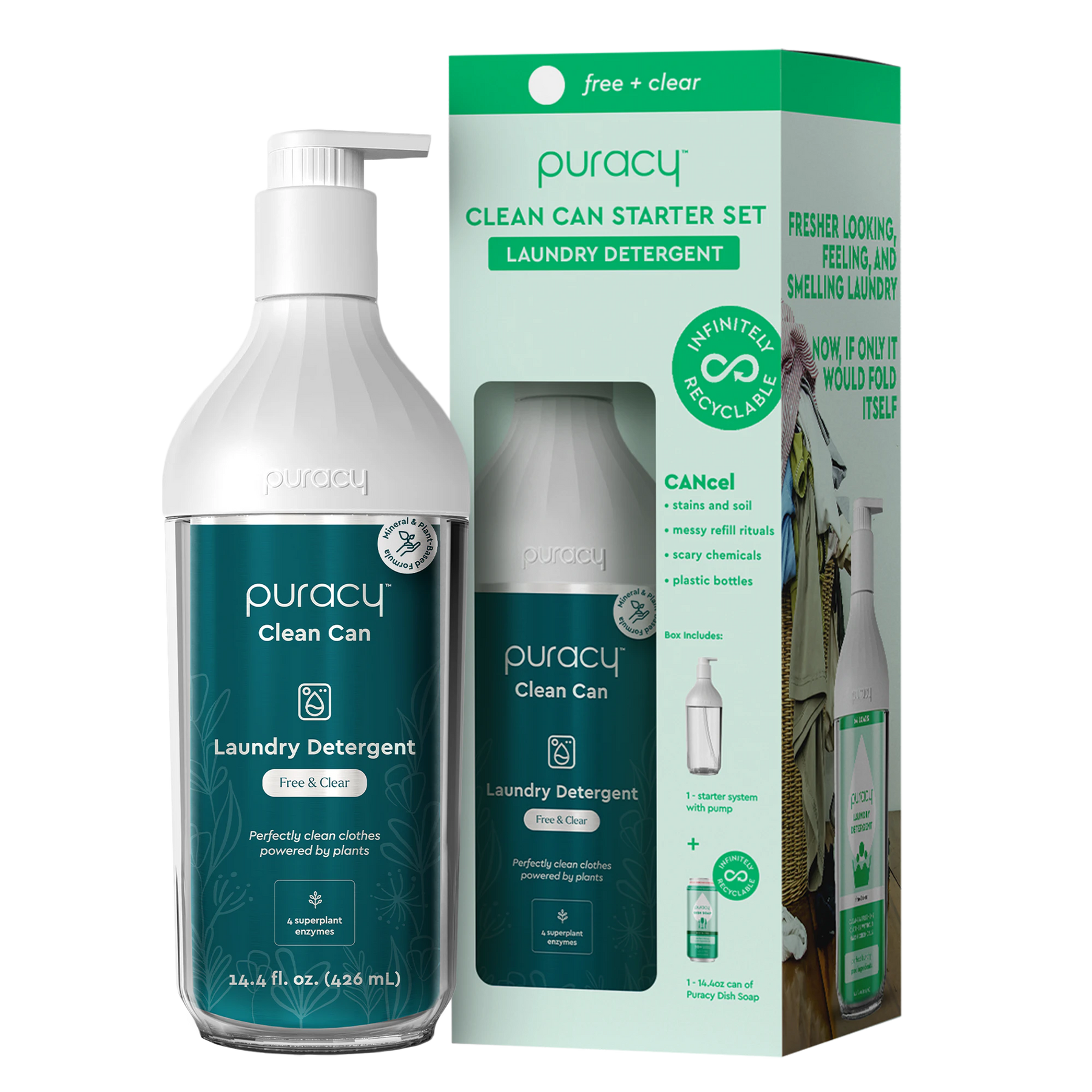 The Puracy Clean Can Starter Set features the Laundry Detergent (Concentrated, Sulfate-Free), presented in a bottle and box that prominently highlight their eco-friendly characteristics.