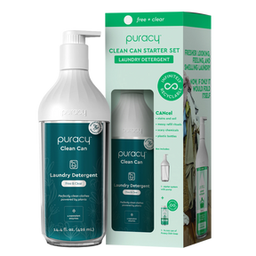 The Puracy Clean Can Starter Set features the Laundry Detergent (Concentrated, Sulfate-Free), presented in a bottle and box that prominently highlight their eco-friendly characteristics.