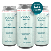 Three cans of Laundry Stain Remover from Puracy, made with plant-based ingredients, claim "3 Cans = 1440 Stains" on the packaging. Experience effective cleaning with eco-friendly, recyclable containers.