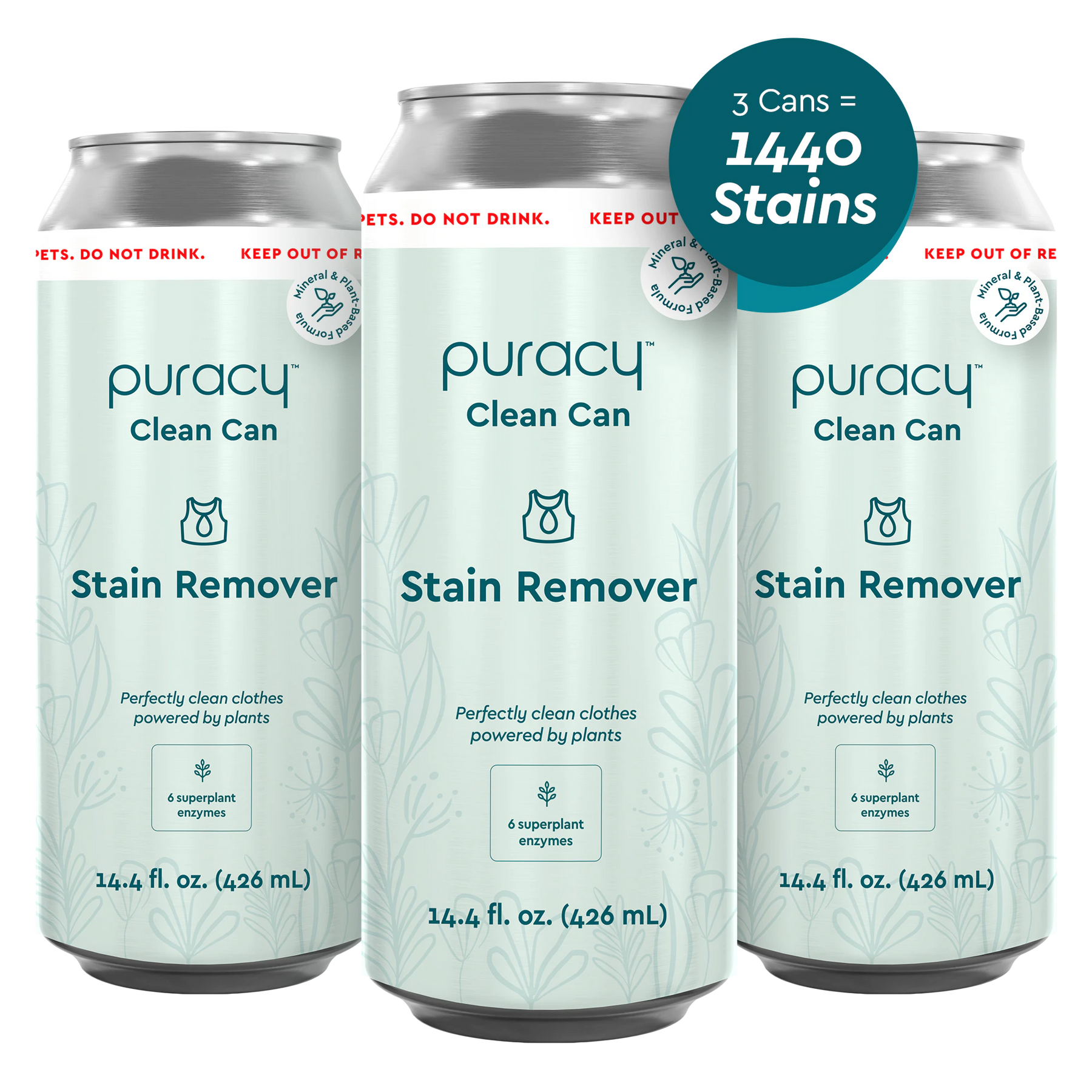 Three cans of Laundry Stain Remover from Puracy, made with plant-based ingredients, claim "3 Cans = 1440 Stains" on the packaging. Experience effective cleaning with eco-friendly, recyclable containers.