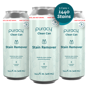 Three cans of Laundry Stain Remover from Puracy, made with plant-based ingredients, claim "3 Cans = 1440 Stains" on the packaging. Experience effective cleaning with eco-friendly, recyclable containers.