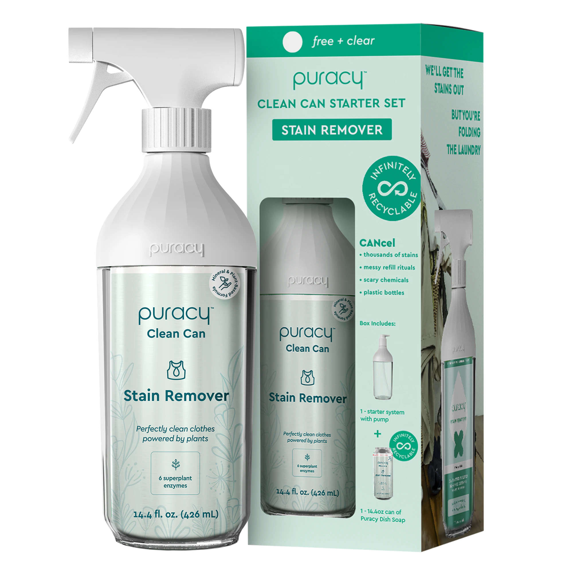 Puracy hypoallergenic stain cleaner, green/white packaging, is Laundry Stain Remover.