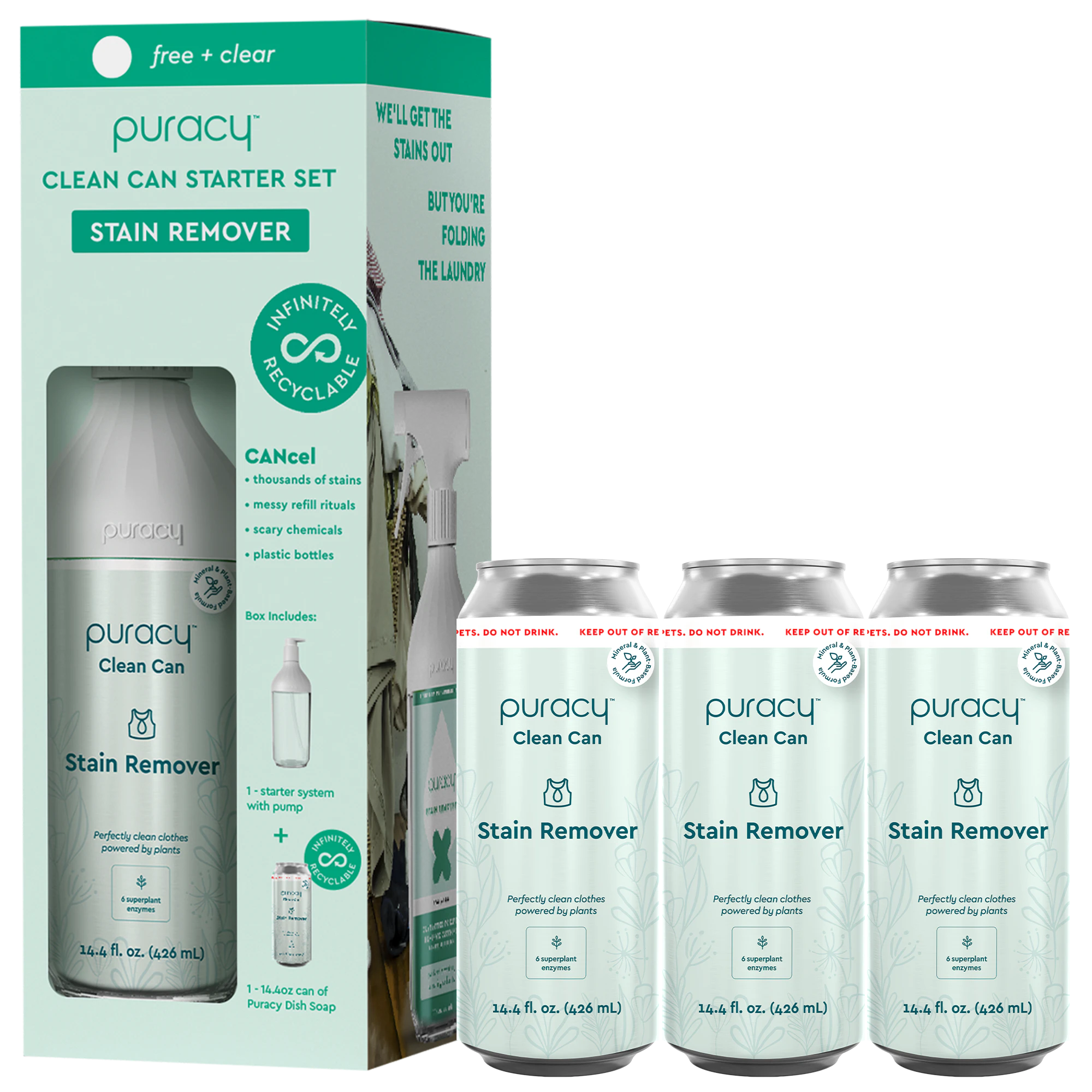 Puracy Laundry Stain Remover starter set includes hypoallergenic formula in recyclable packaging.