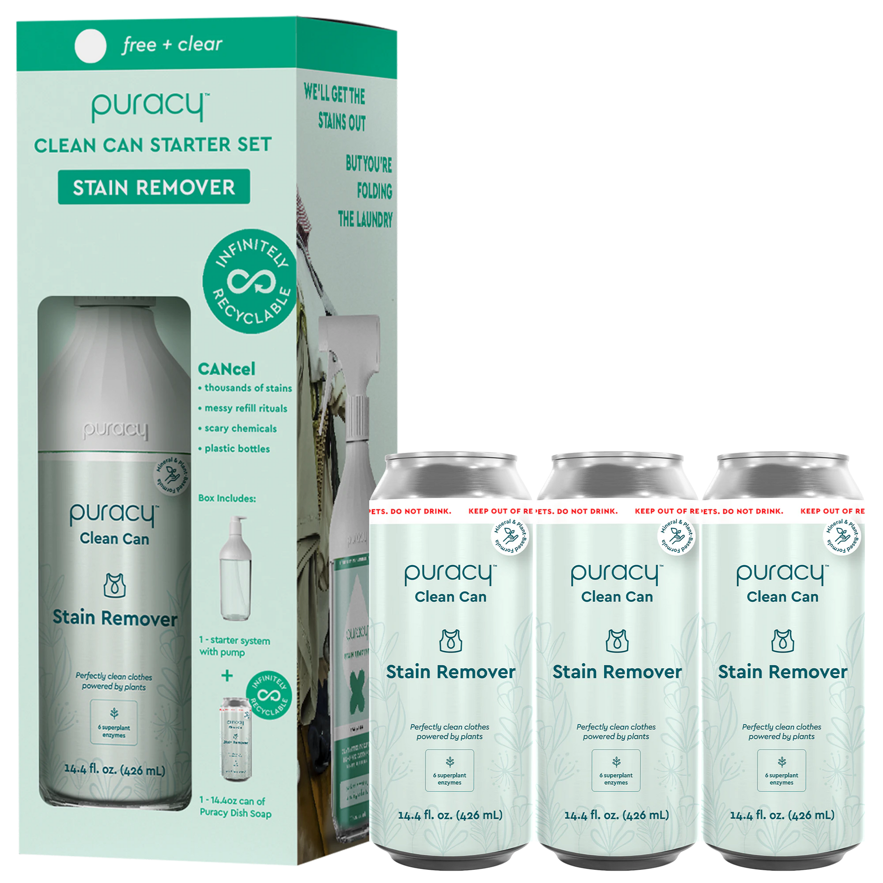 Puracy Laundry Stain Remover starter set includes hypoallergenic formula in recyclable packaging.