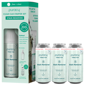 Puracy Laundry Stain Remover starter set includes hypoallergenic formula in recyclable packaging.