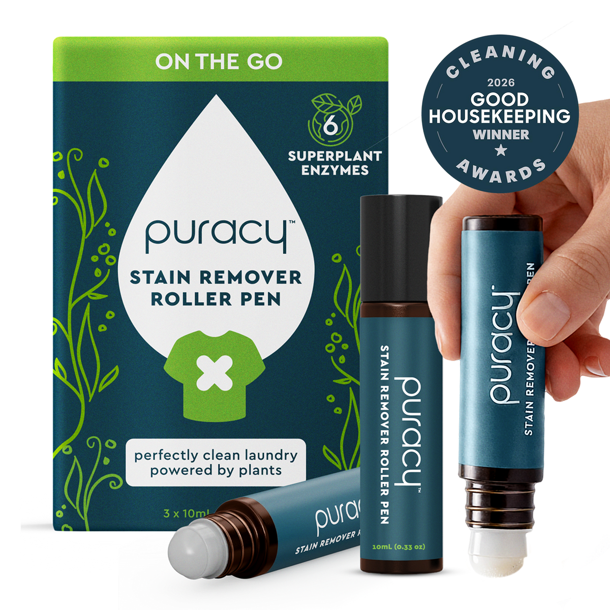 Hand holds Stain Remover Roller Pen 3-Pack + Free 4-oz bottle; enzyme-powered, award-winning formula.