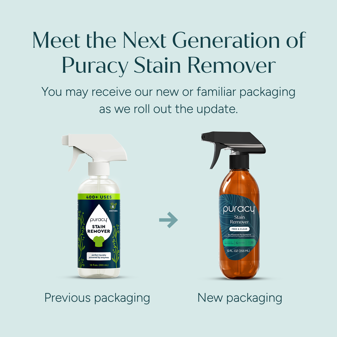 Two Laundry Stain Remover bottles: old white on left, new amber with black spray top on right.