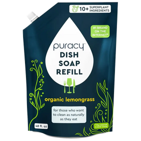 The Natural Dish Soap refill pouch, featuring organic lemongrass, comes in a 48 fl. oz. size and uses plant-based ingredients with an eco-friendly, natural fragrance.