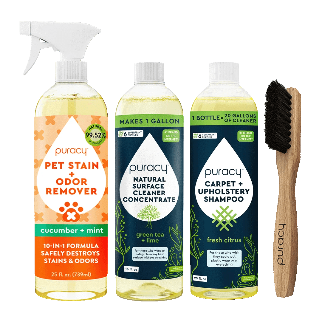 Explore Puracy's Fur Baby Bundle featuring Carpet & Upholstery Shampoo, Surface Cleaner, Pet Stain Remover, and an efficient brush.