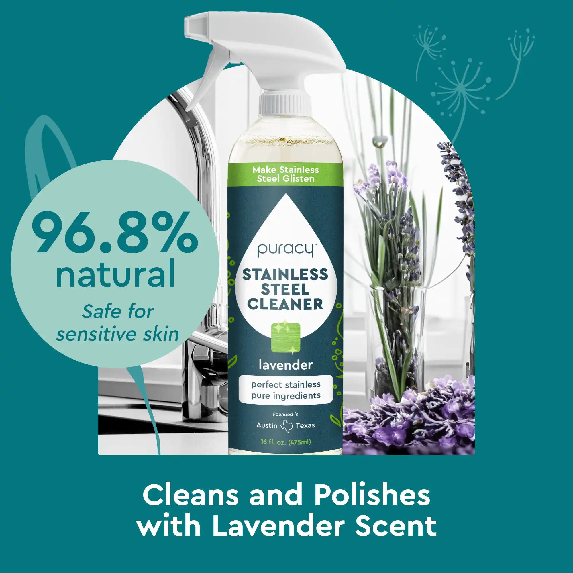 Introducing our Stainless Steel Surface Cleaner, designed with a plant-based formula and a calming lavender scent. Made with 96.8% natural ingredients, this gentle cleaner is safe for sensitive skin while delivering spotless surfaces. #common #size_standard