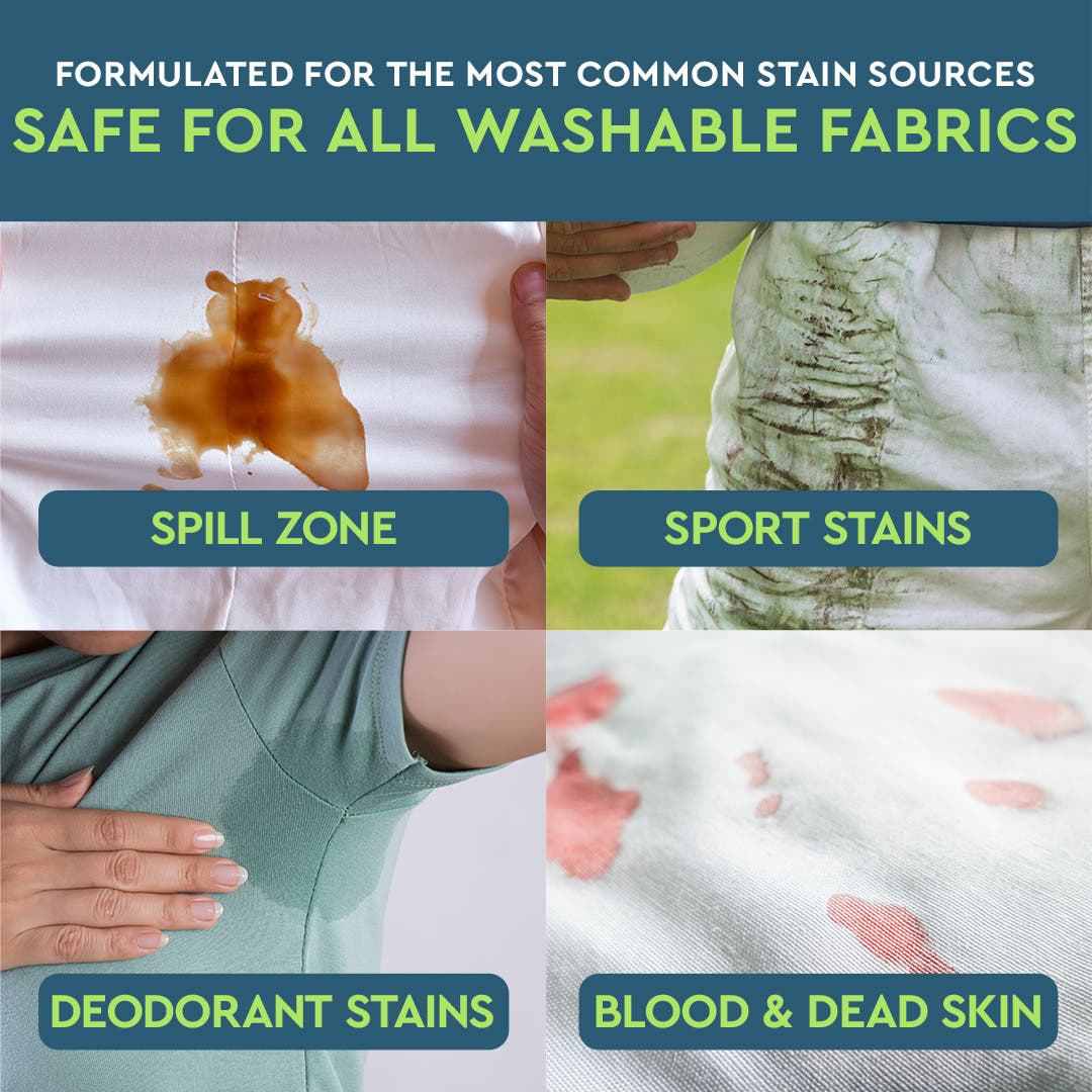 Four images show spills, sport stains, deodorant marks, and blood—ideal for Laundry Stain Remover.