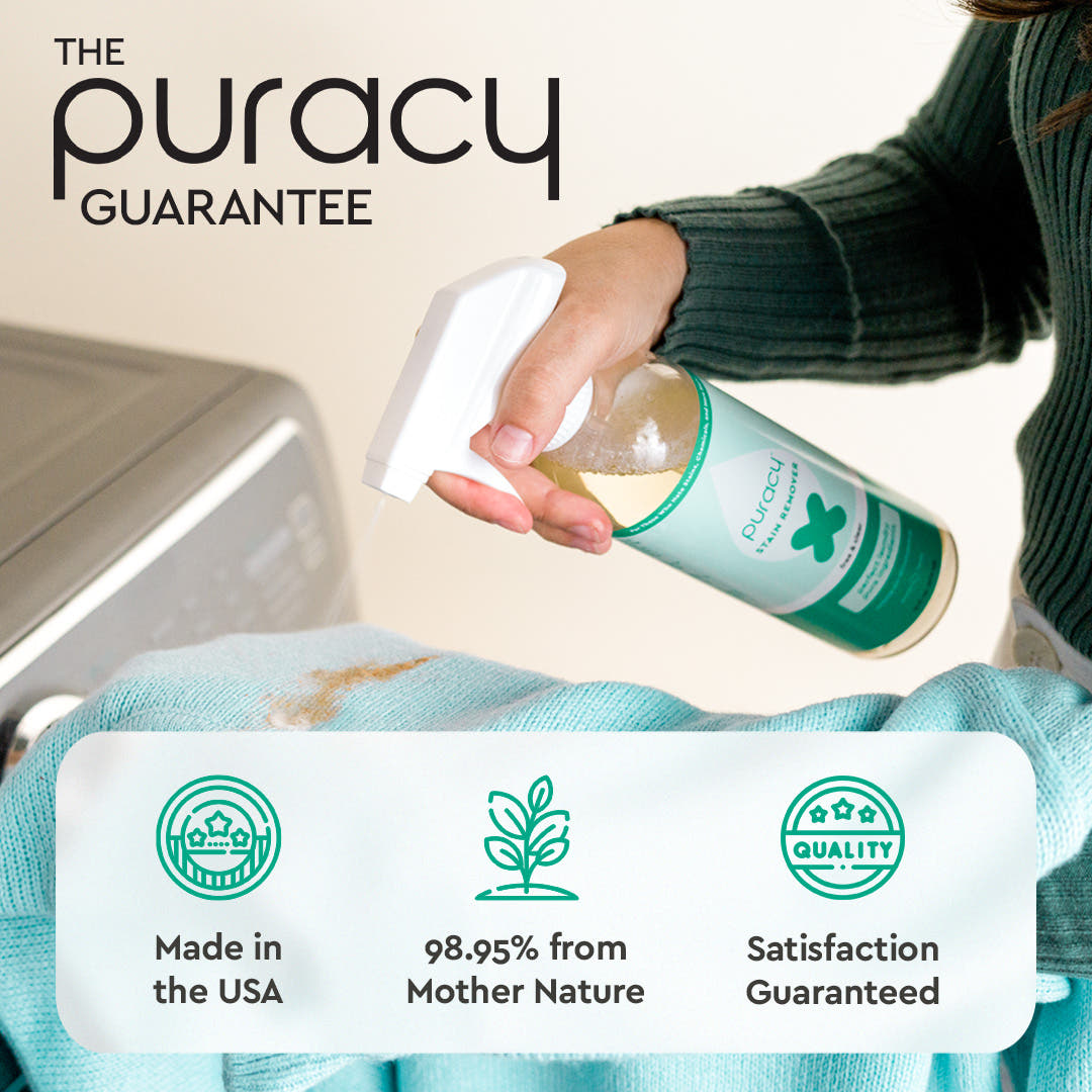 A hand sprays Laundry Stain Remover - For New Customers in Canada on teal fabric by a washer.