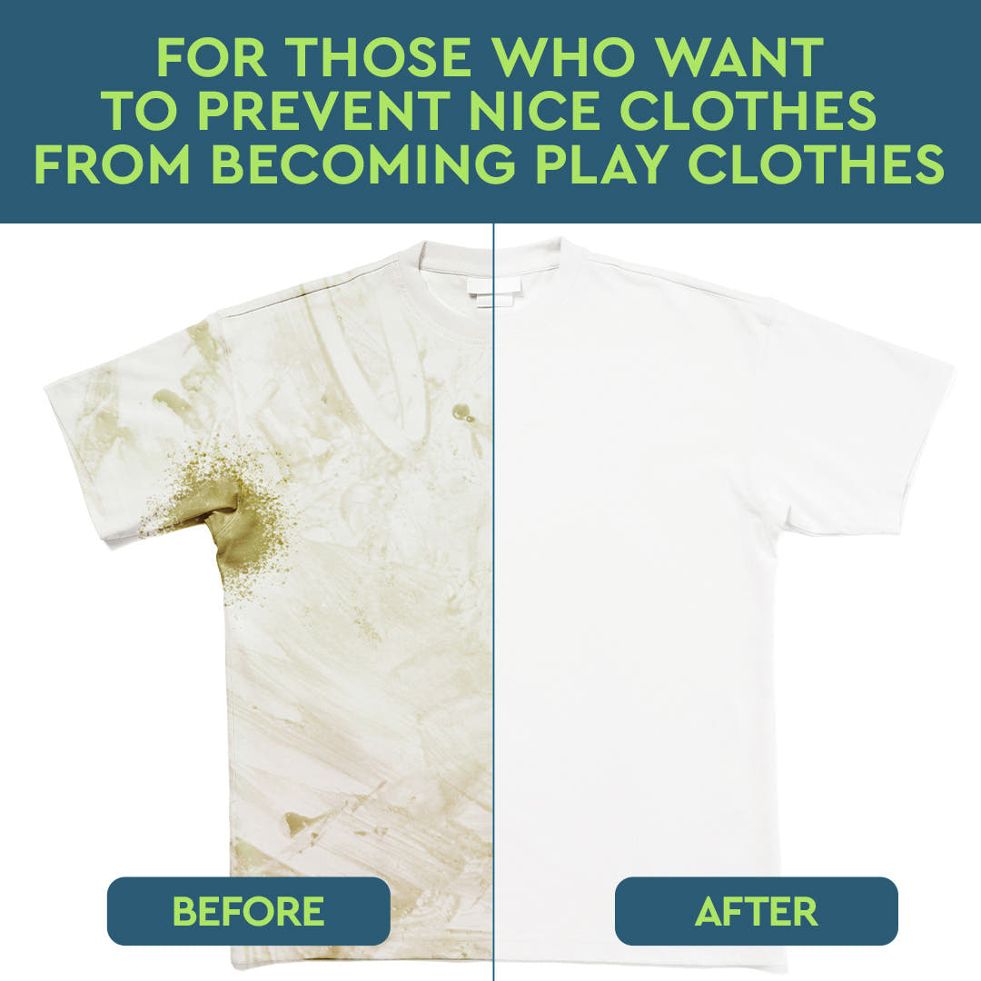 A split image shows a dirty T-shirt before and a clean one after using Laundry Stain Remover.
