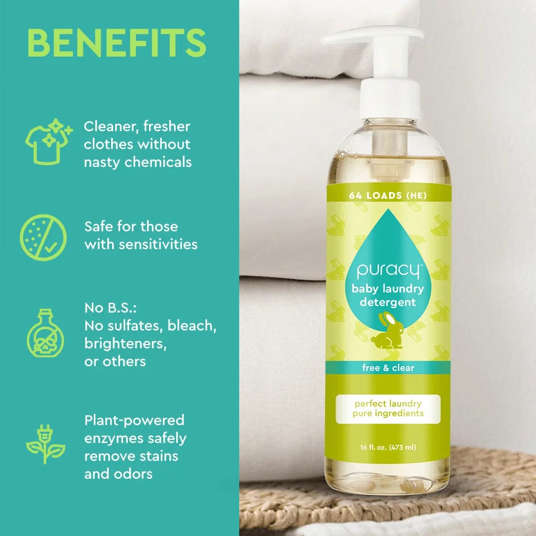 The Baby Laundry Detergent, enhanced with plant-based enzymes, rests on a pile of towels. Its hypoallergenic features are highlighted against a teal background.