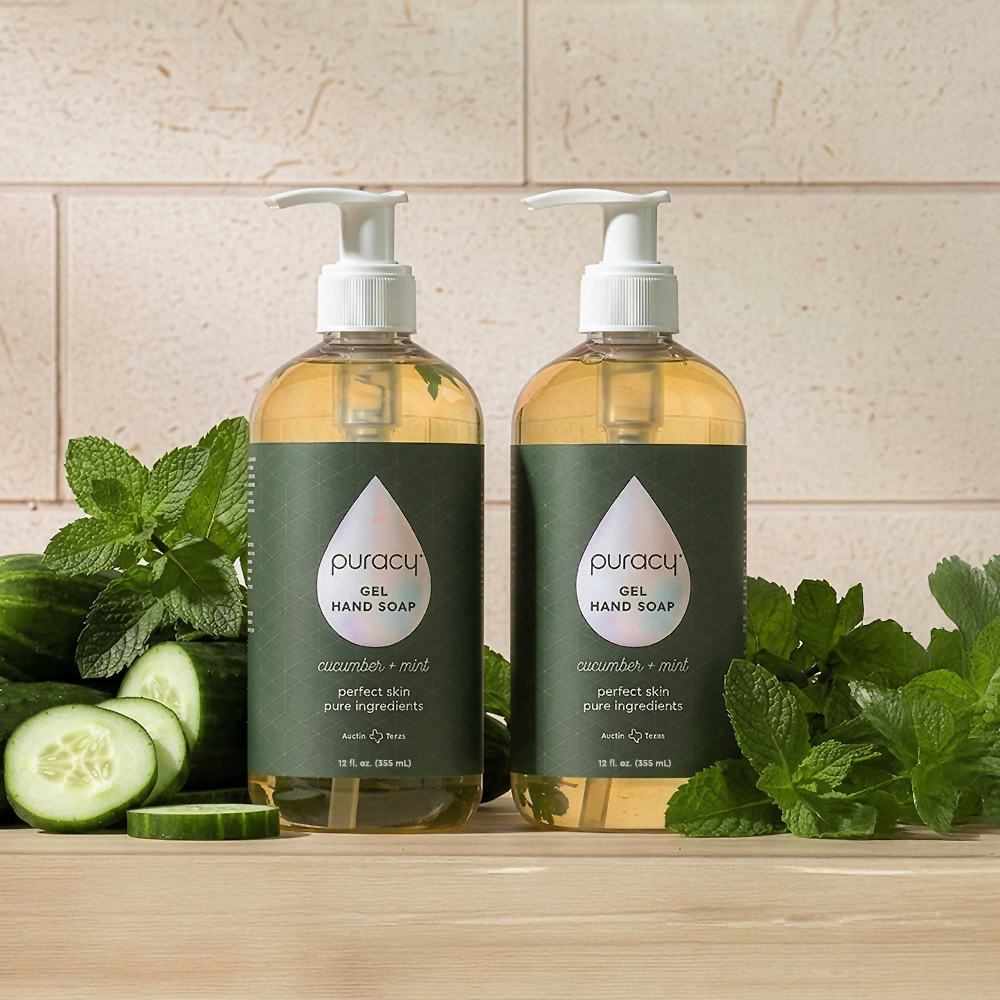 Two bottles of Gel Hand Soap with cucumber, mint, and plant-based ingredients.