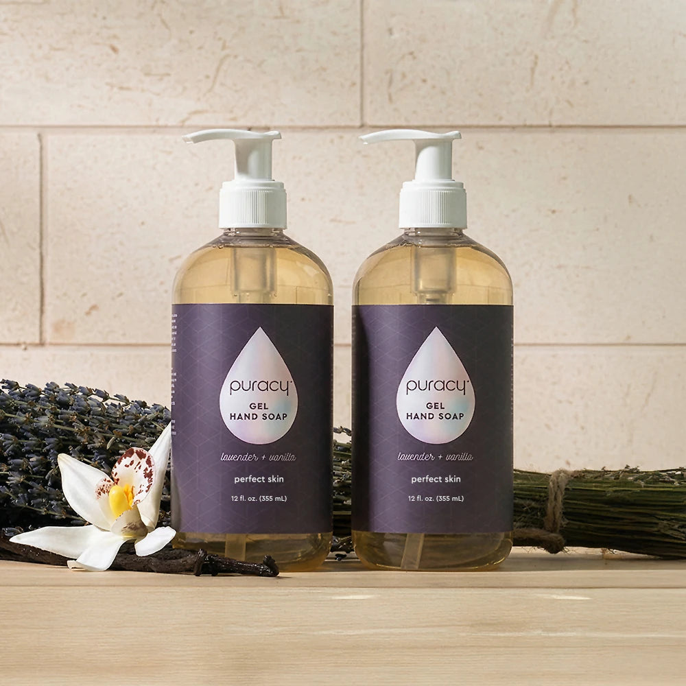 Two bottles of Gel Hand Soap with lavender, vanilla, and plant-derived ingredients are shown.
